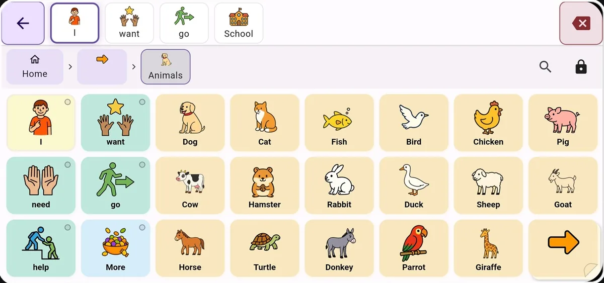 TalkTiles Animals page with dog, cat, fish, bird and other animal tiles, and the sentence “I want go school” in the strip.